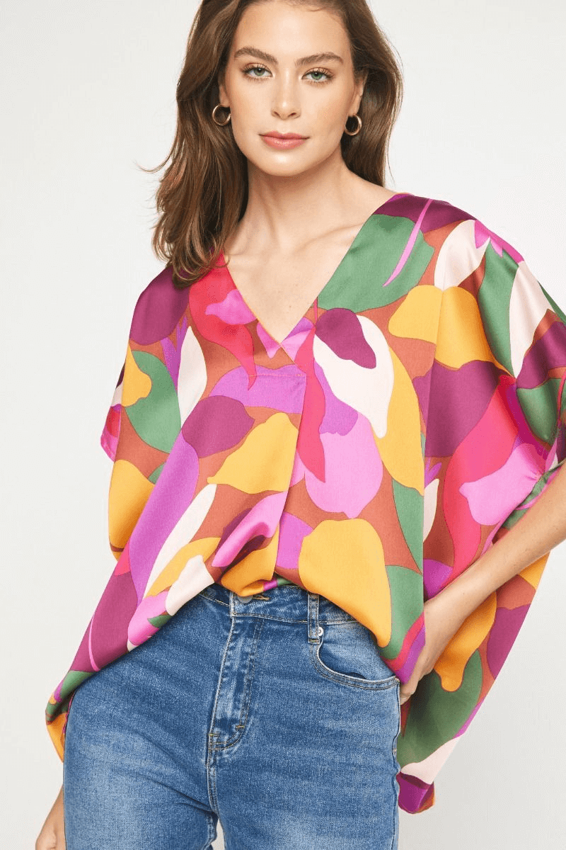 Satin Print Kimono V-Neck Top