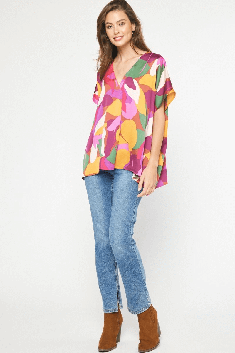 Satin Print Kimono V-Neck Top