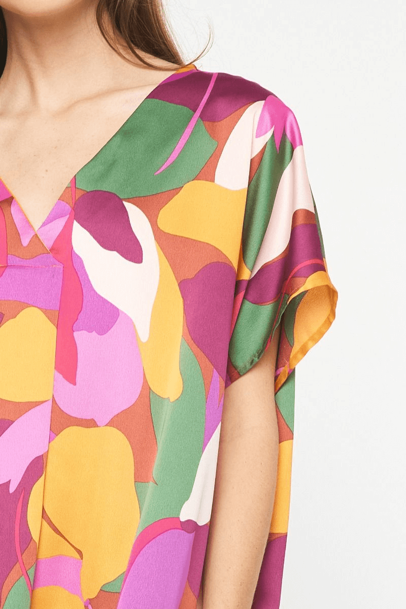 Satin Print Kimono V-Neck Top