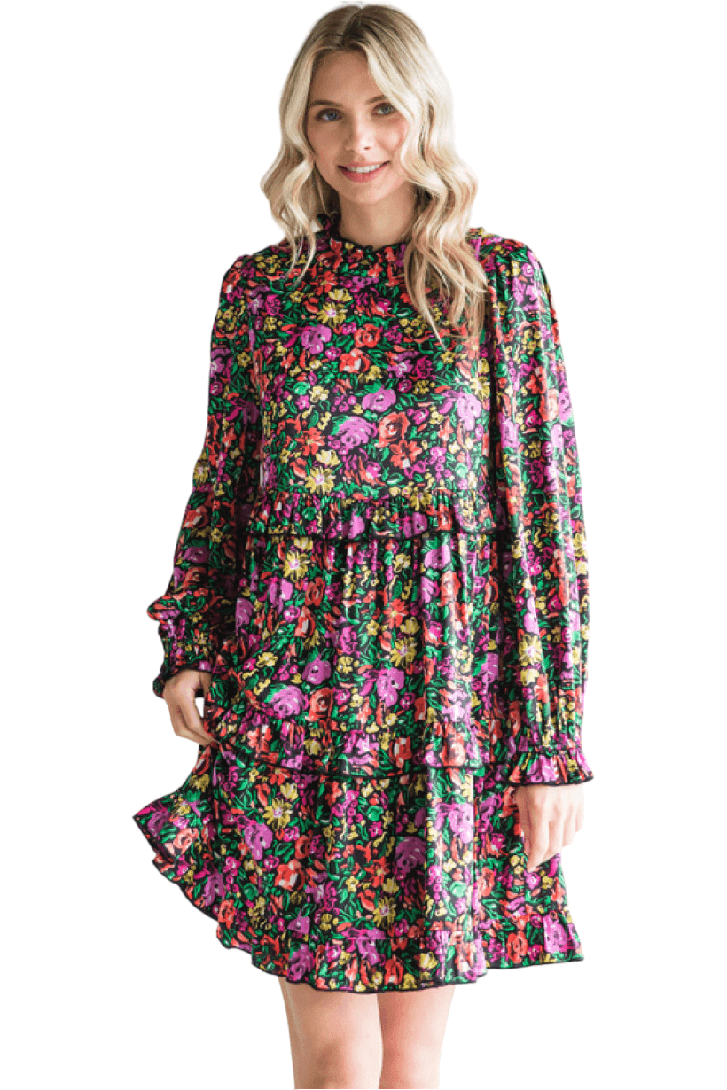 tiered layer floral dress black mix