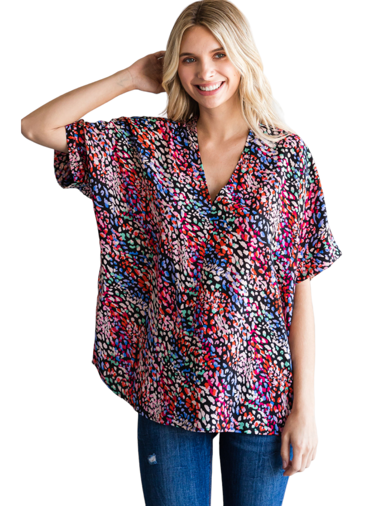 This is a chic yet comfortable multicolor leopard print v-neck blouse with a banded cuff sleeve. This top would be perfect for a date night or girls night and can be paired with any color accessories. 