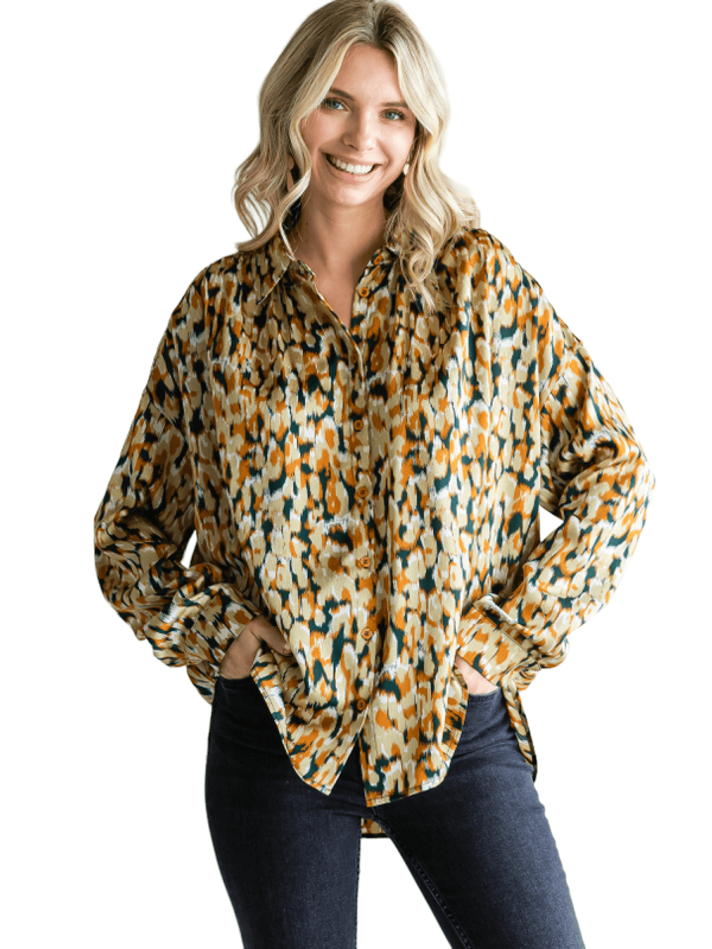 Satin Print Button Up Top - Hunter Mix