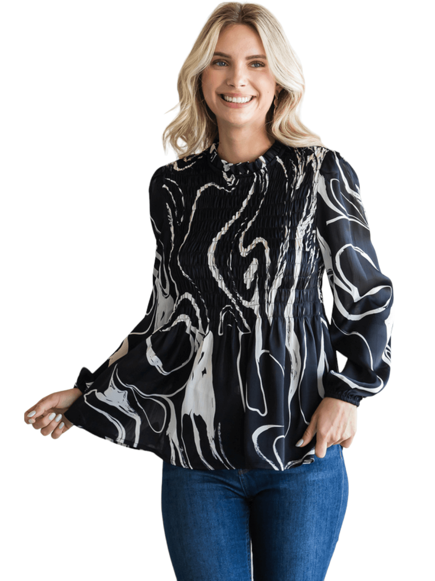 Swirl Print Smock Top - Black