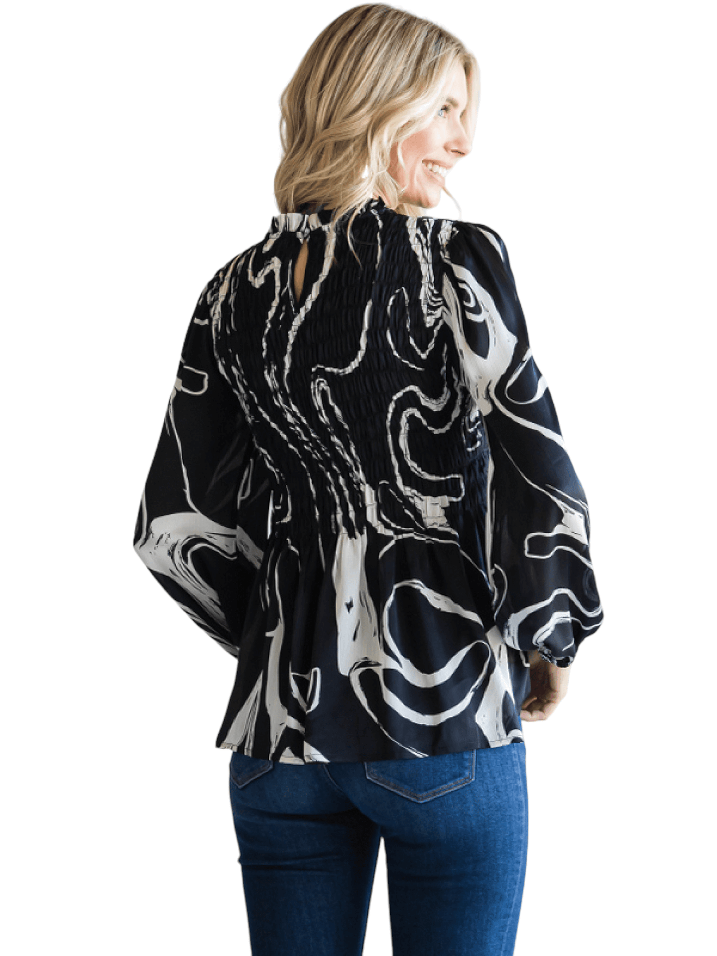 Swirl Print Smock Top - Black