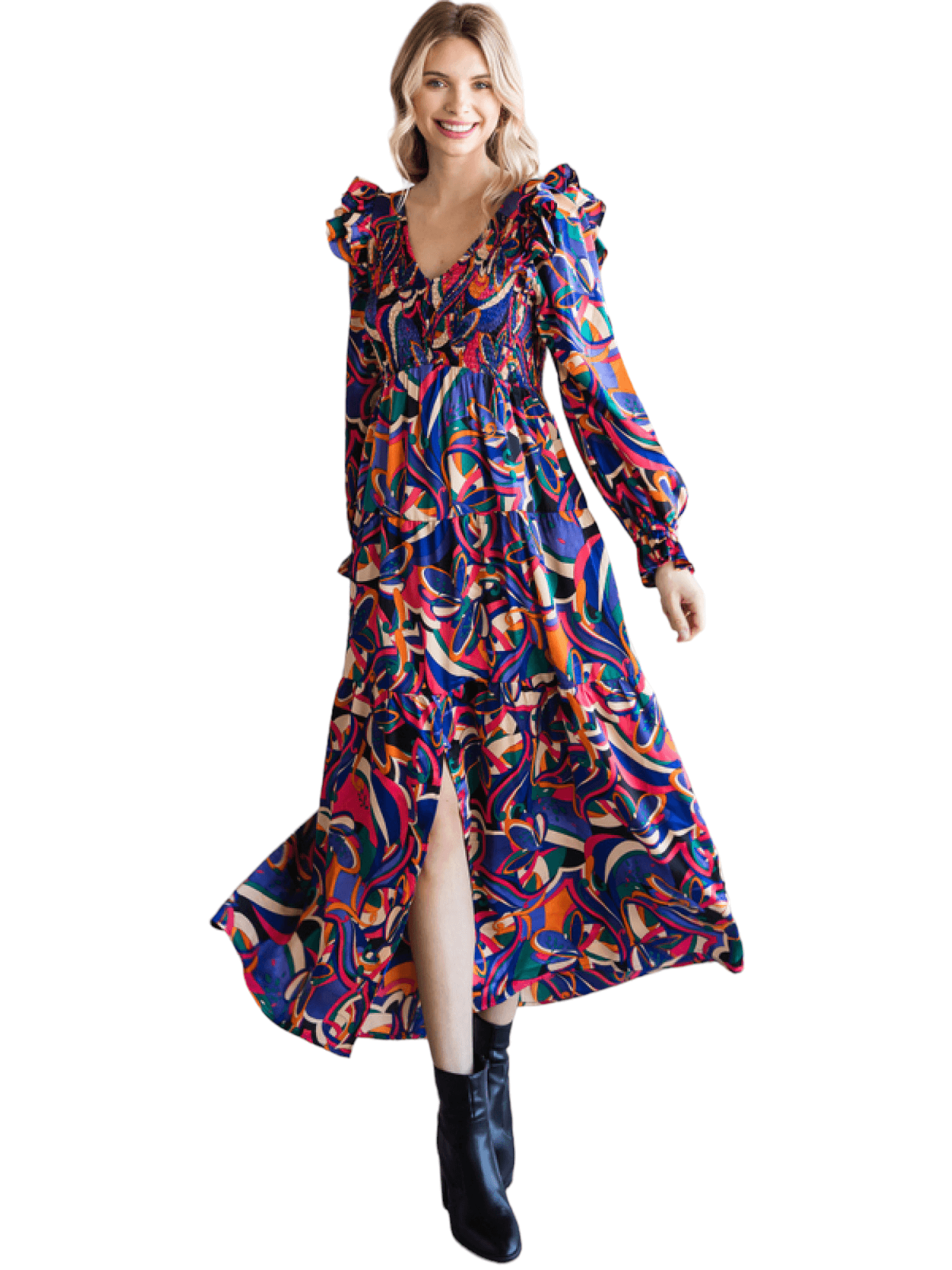 Multicolor print V-neck maxi dress