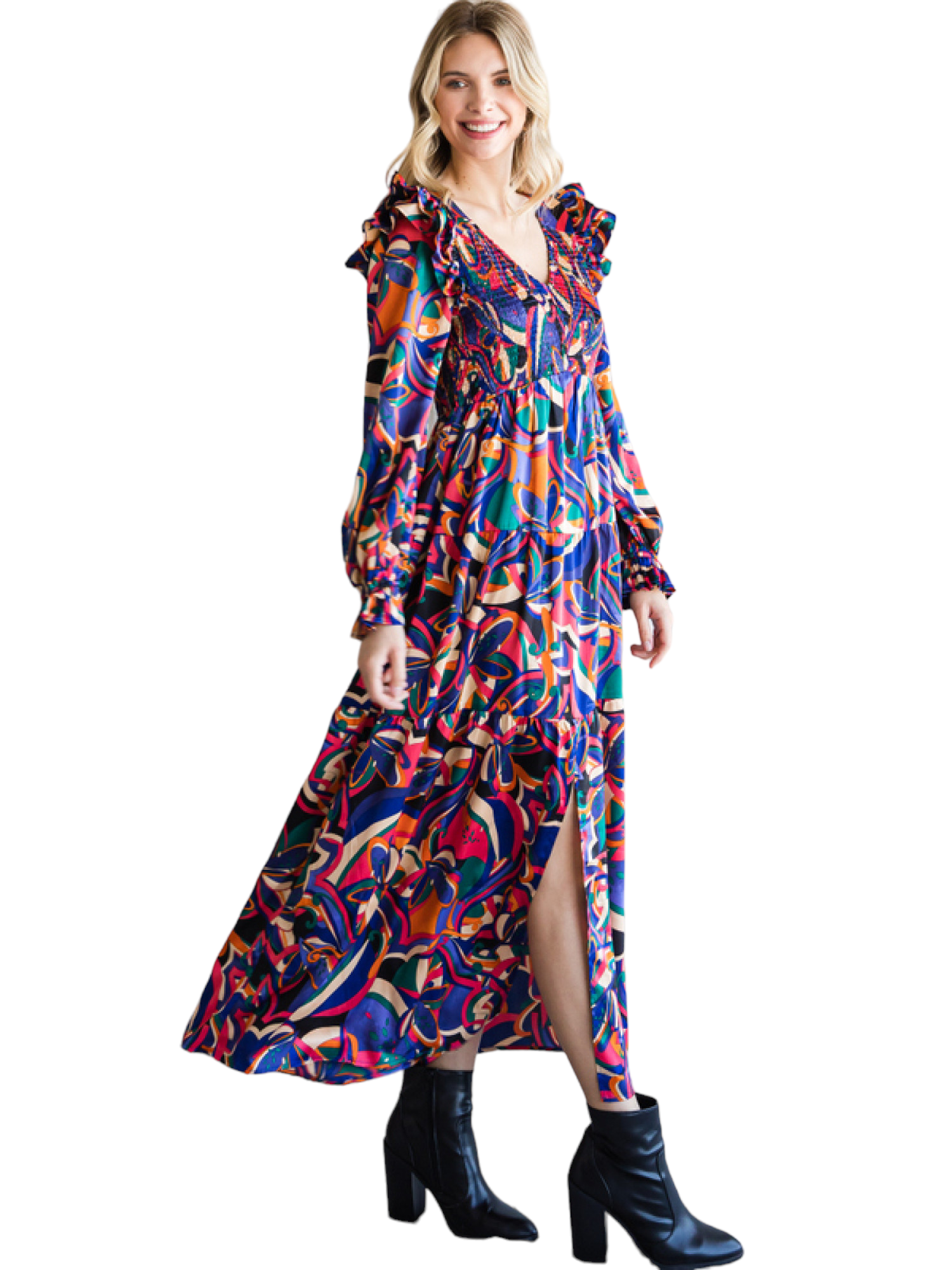 Multicolor print V-neck maxi dress