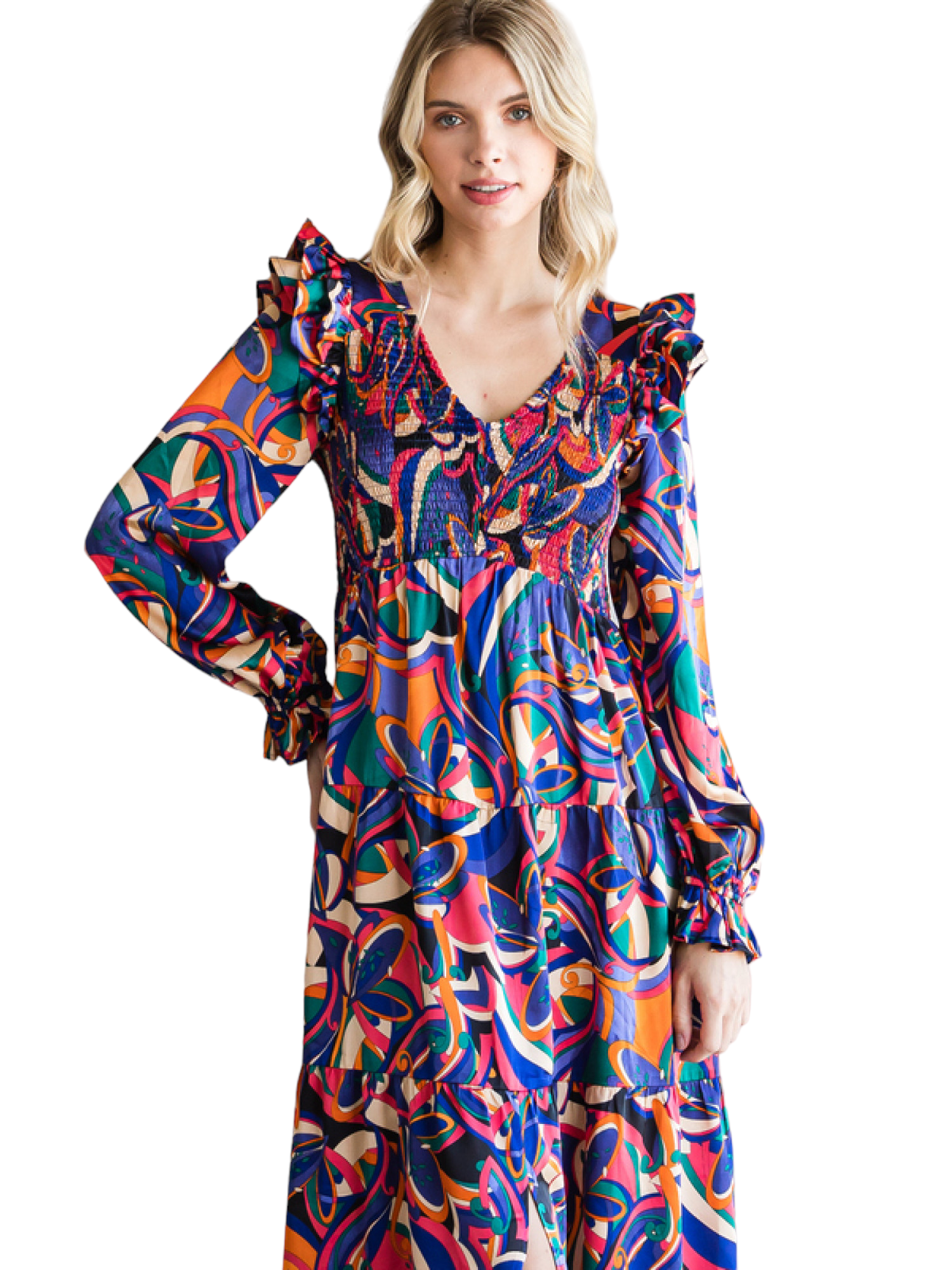 Multicolor print V-neck maxi dress