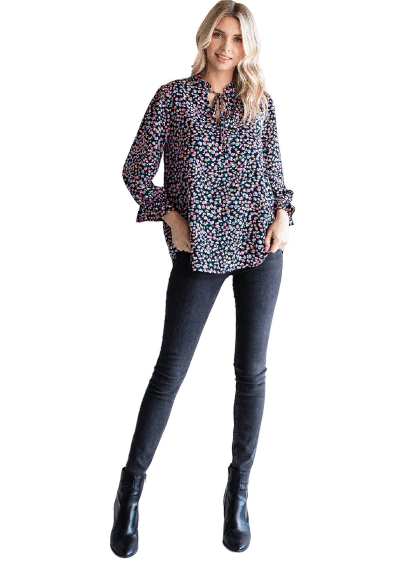 Ditsy Print Tie Neck Top - Black Mix