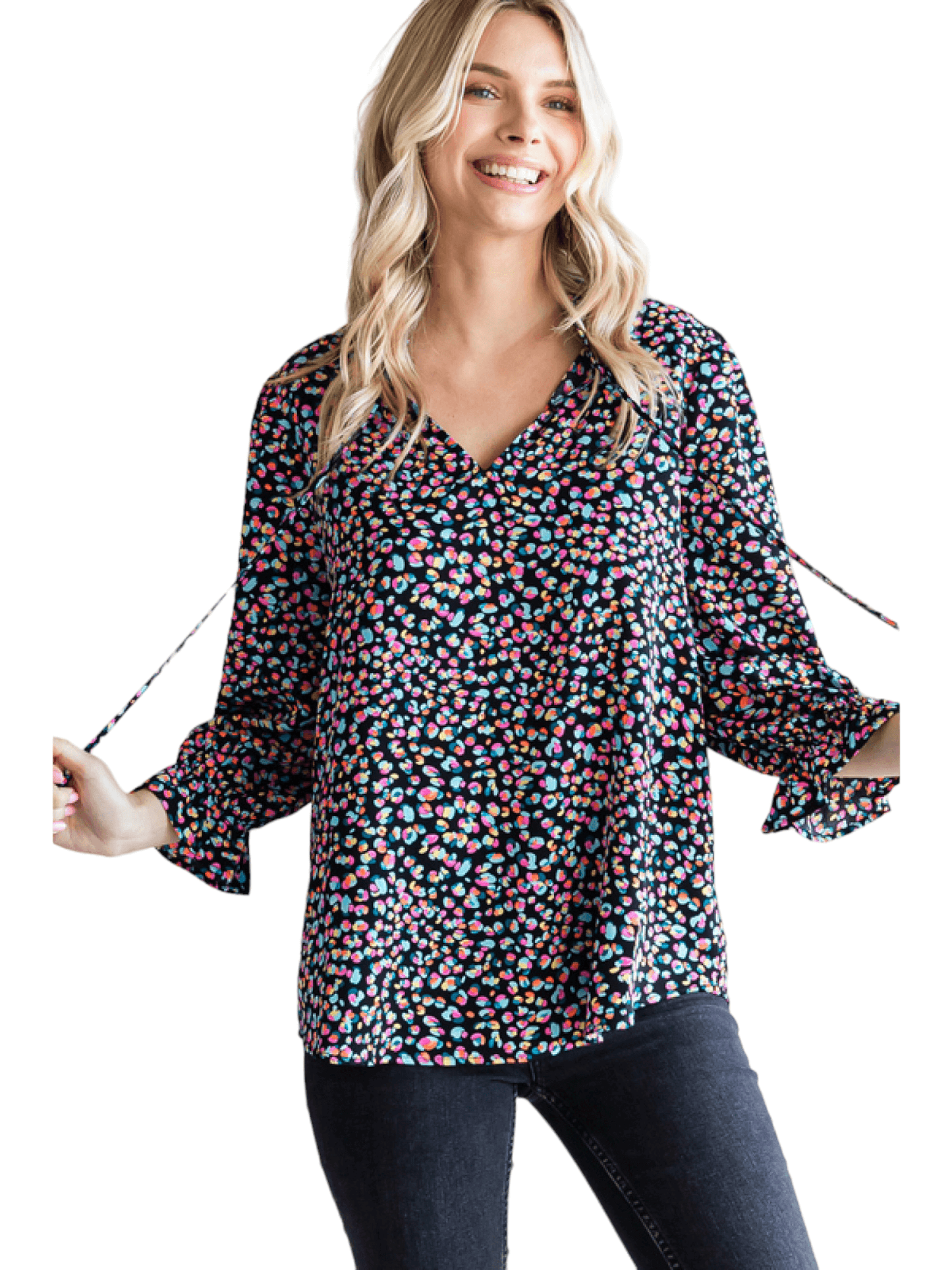 Ditsy Print Tie Neck Top - Black Mix