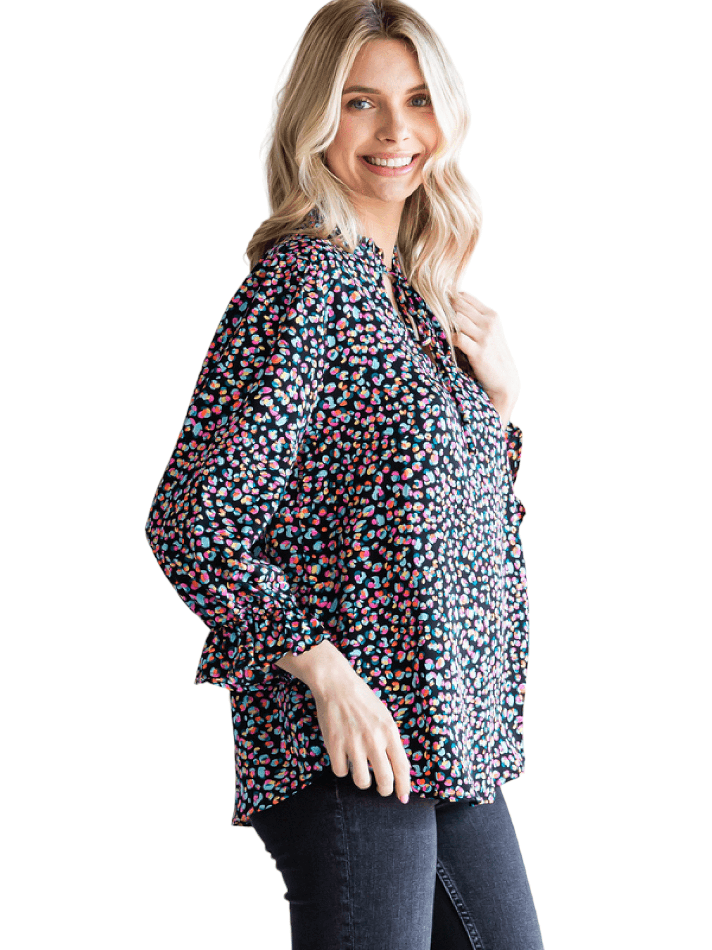 Ditsy Print Tie Neck Top - Black Mix