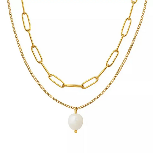 Double layer paperclip and fresh water pearl drop necklace