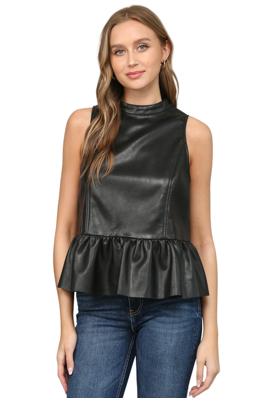 This timeless black faux leather peplum top flatters and accentuates your curves. With a stunning keyhole cutout detail and zip back closure, you will be the envy of any room you enter!