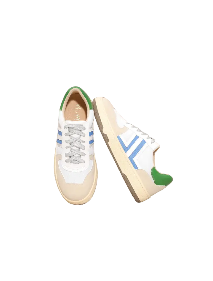 The Max sneaker is a show-stopping court style sneaker with electric blue/green accents and a stylish gum sole. Prepare for a winning gameday look!