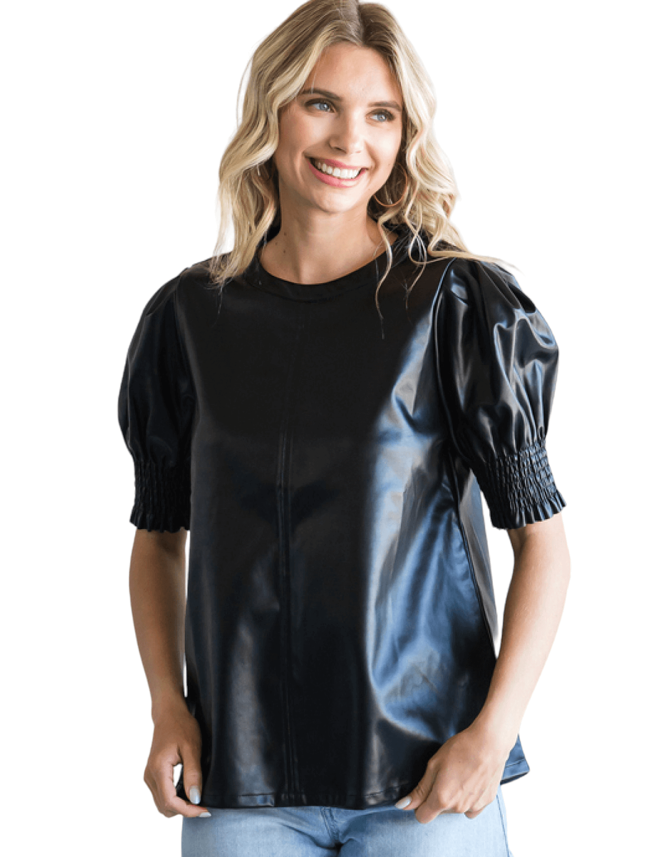 Faux Leather Puff Slv Top