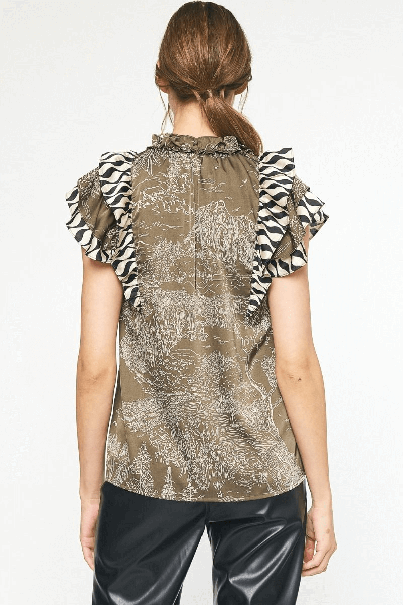 Antique Print V-Neck Top - Olive Mix