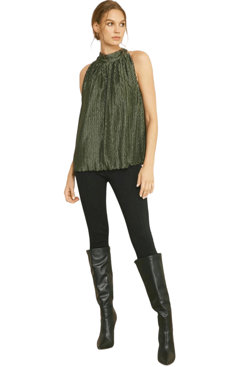 textured halter neck top olive