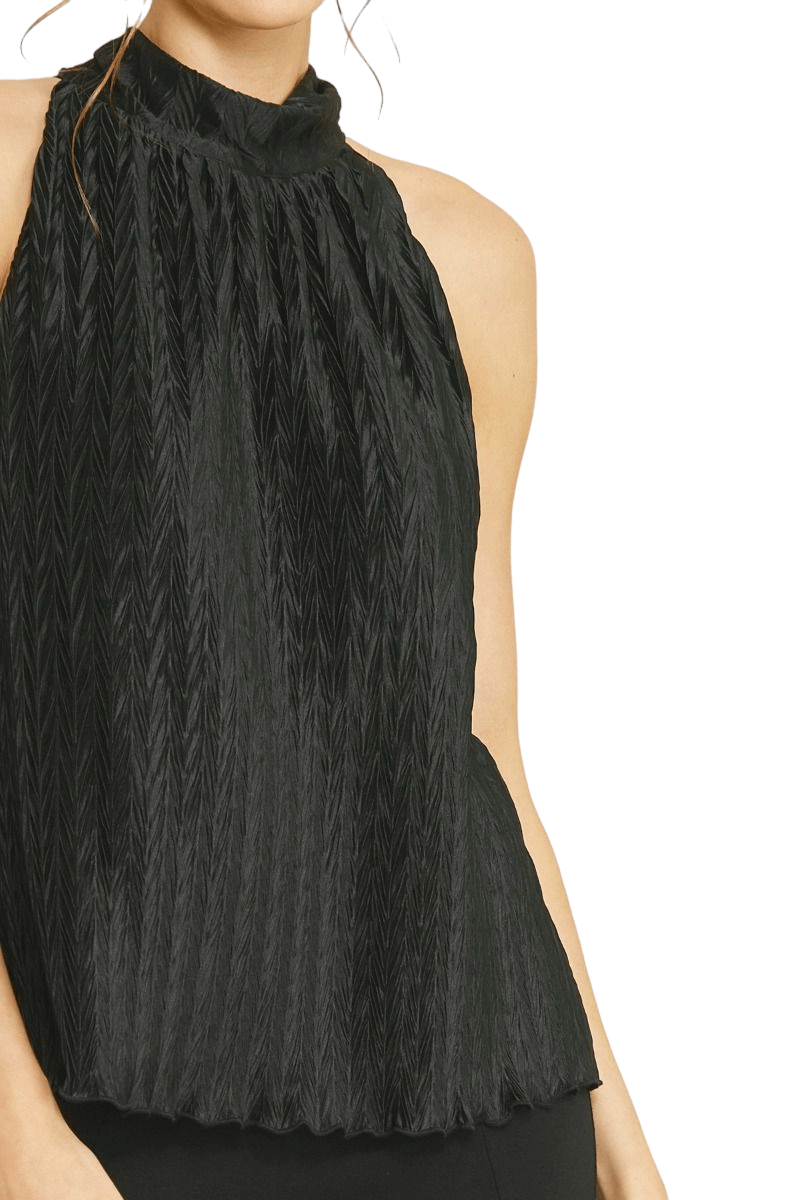 Solid textured pleated halter neck top black