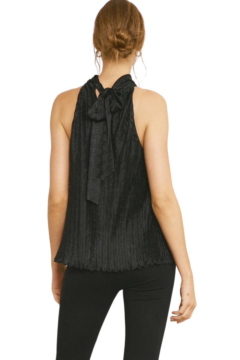 Solid textured pleated halter neck top black